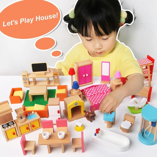 Wooden dollhouse furniture - wooden, set
